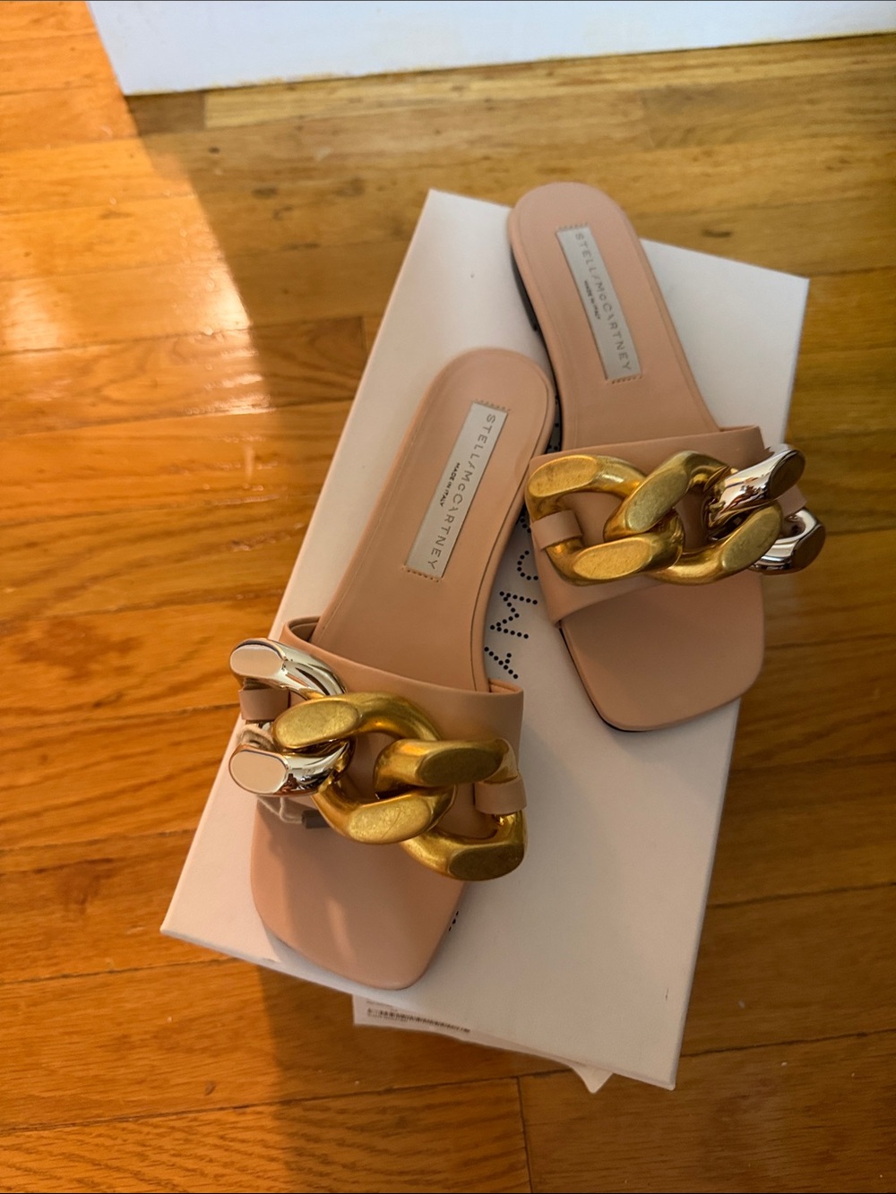 Stella McCartney Blush Slide Mules with Chunky Gold Chain